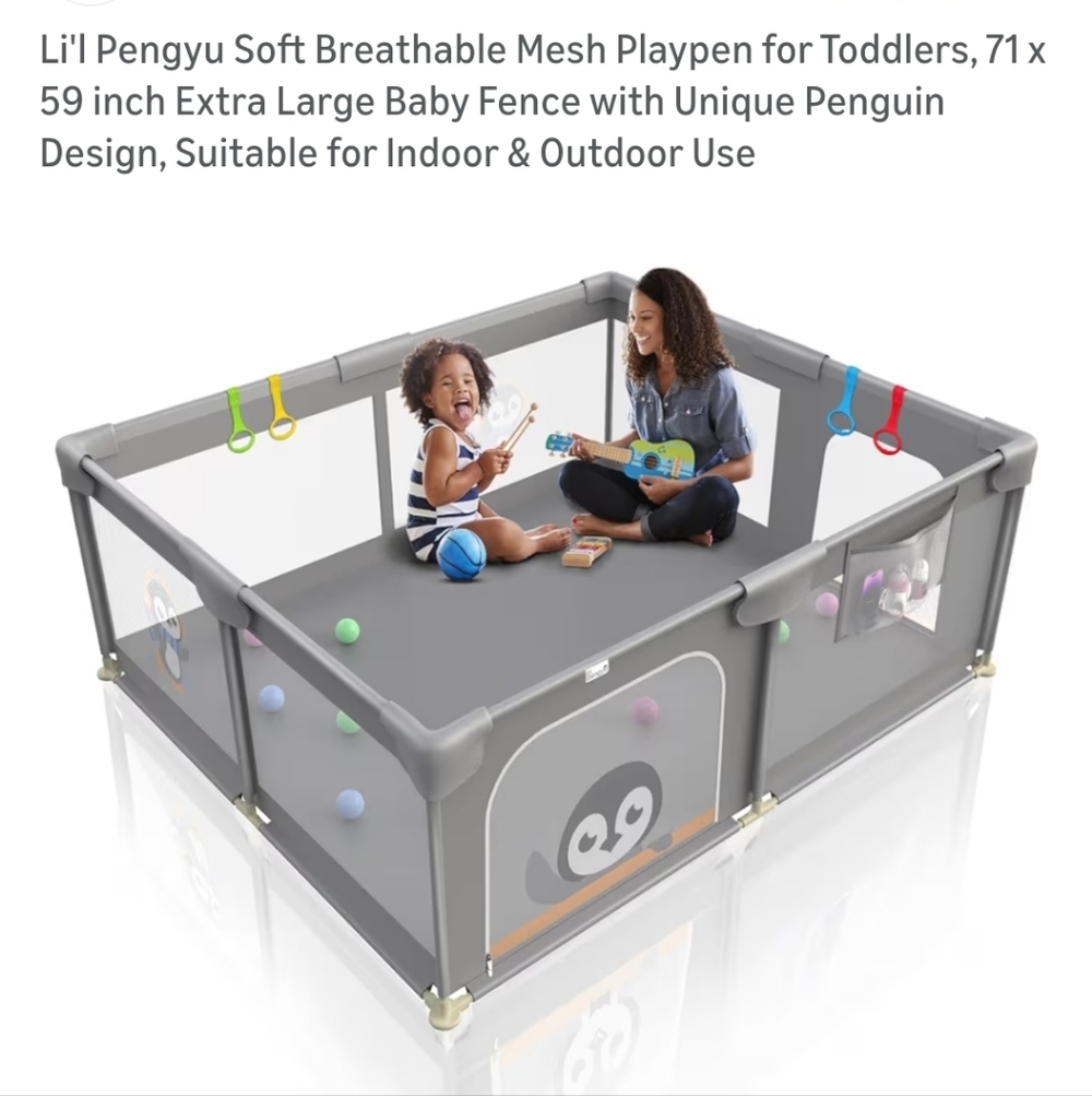 Gray Baby Playpen with Penguin Design